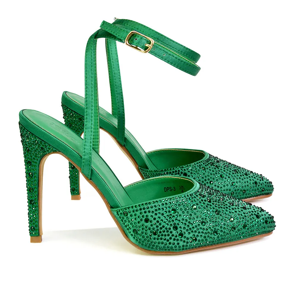 Indyah Diamante Court Shoes Stiletto High Heels Strappy Sandals in Green