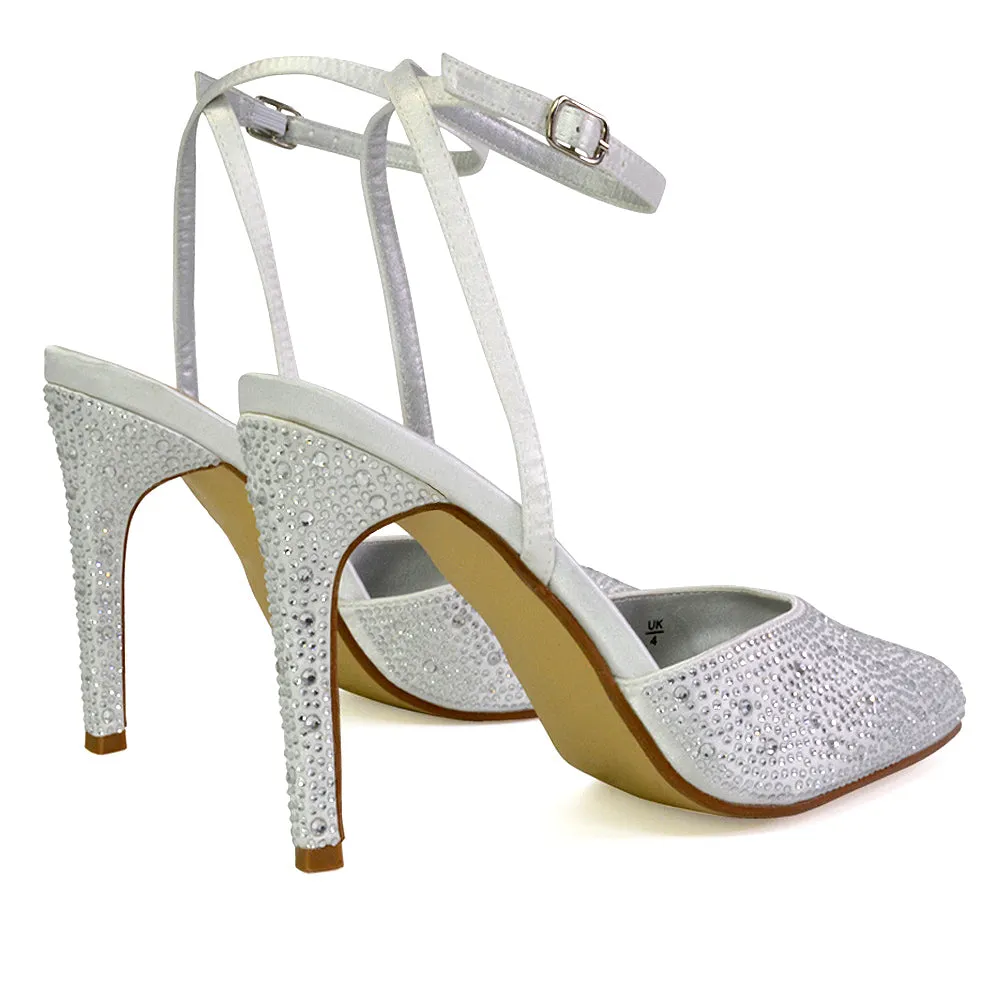 Indyah Diamante Court Shoes Stiletto High Heels Strappy Sandals in Silver