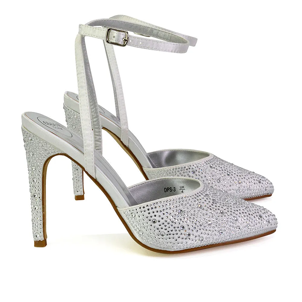 Indyah Diamante Court Shoes Stiletto High Heels Strappy Sandals in Silver