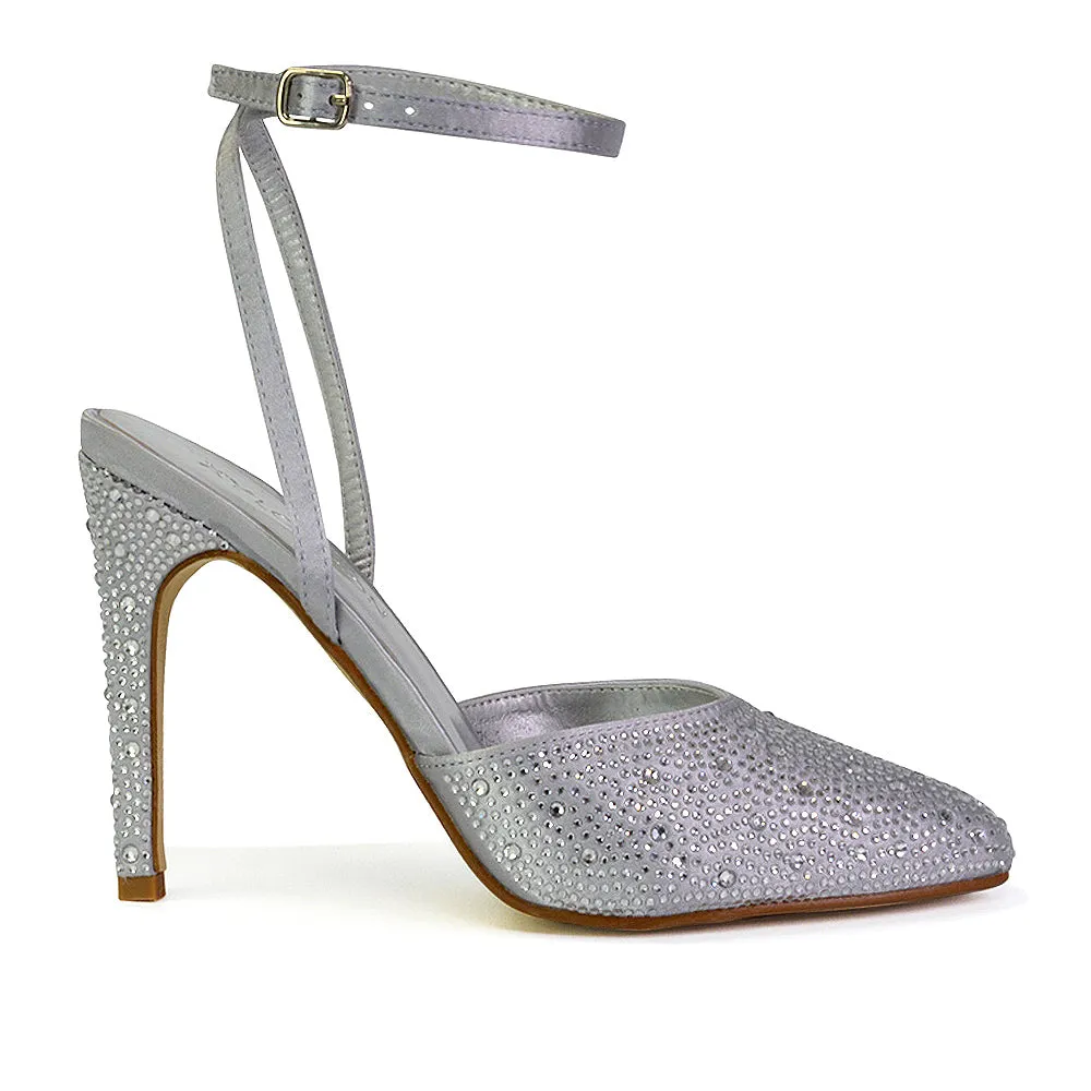 Indyah Diamante Court Shoes Stiletto High Heels Strappy Sandals in Silver