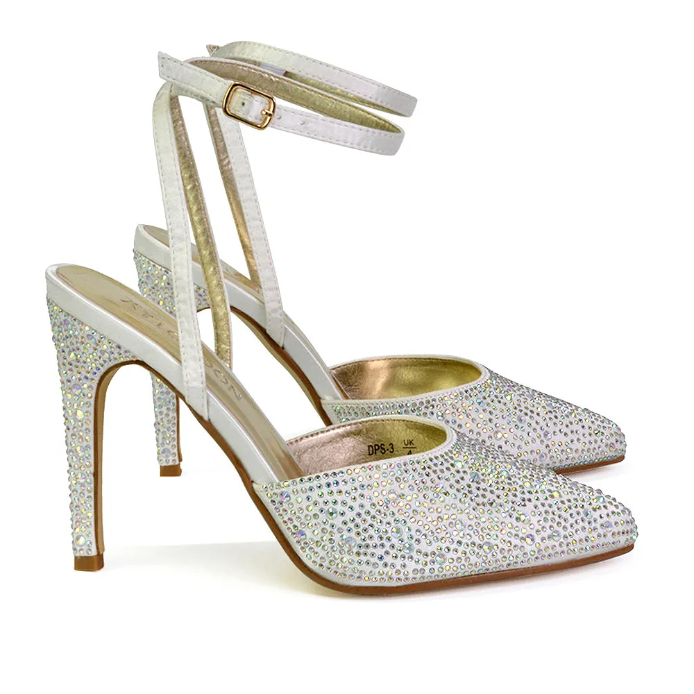 Indyah Diamante Court Shoes Stiletto High Heels Strappy Sandals in Silver