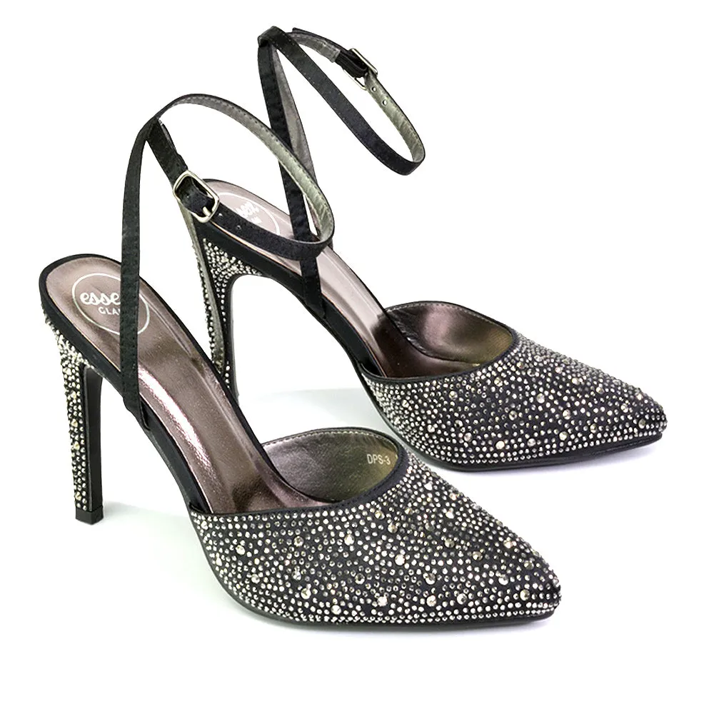 Indyah Diamante Court Shoes Stiletto High Heels Strappy Sandals in Silver