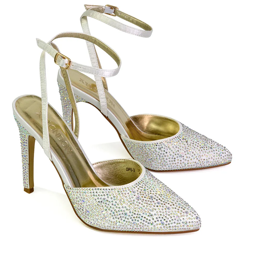 Indyah Diamante Court Shoes Stiletto High Heels Strappy Sandals in Silver