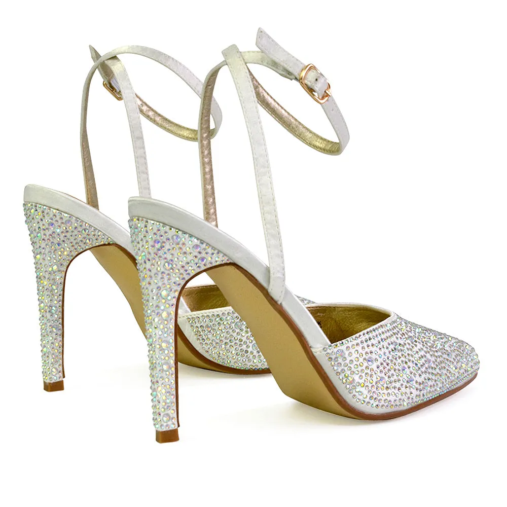 Indyah Diamante Court Shoes Stiletto High Heels Strappy Sandals in Silver