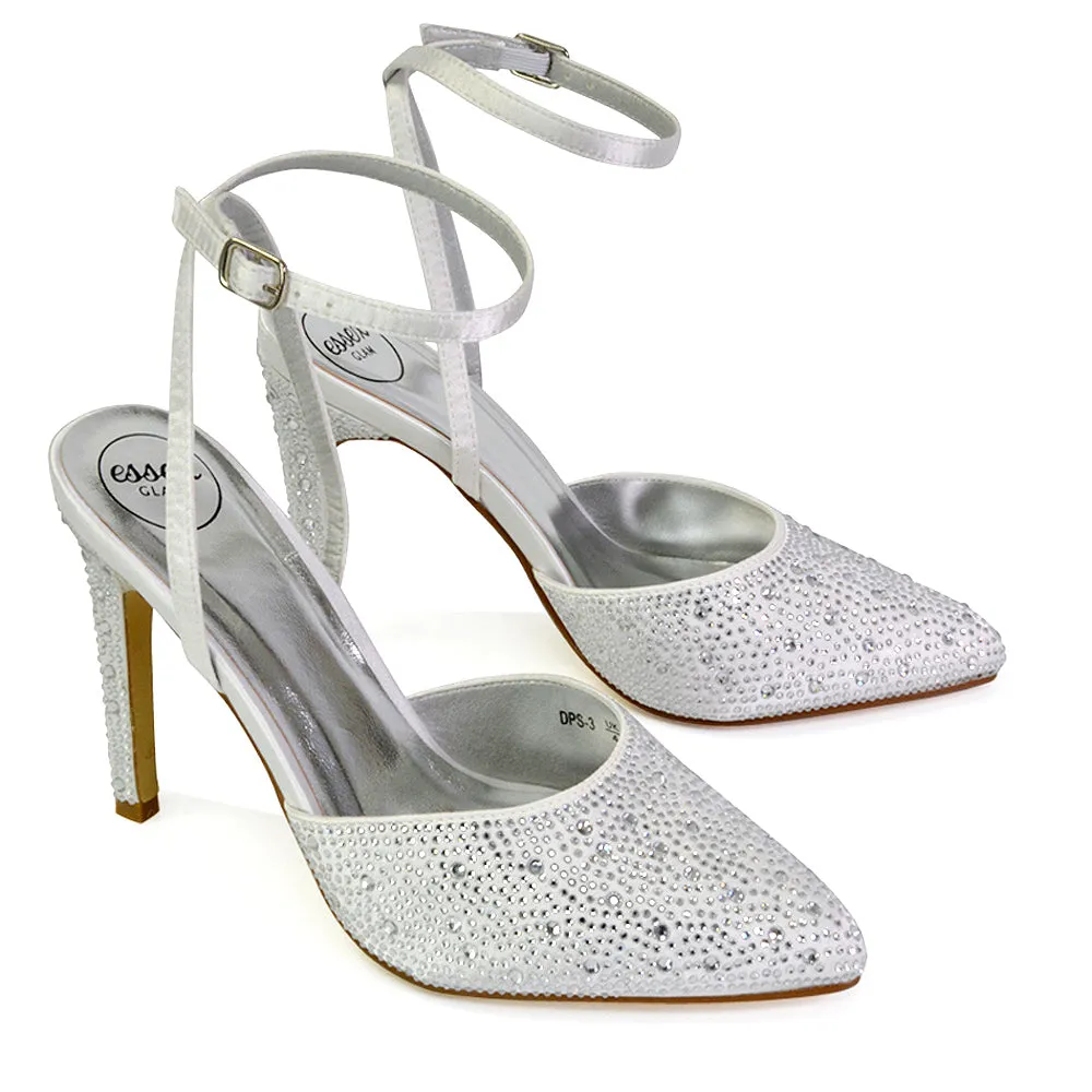 Indyah Diamante Court Shoes Stiletto High Heels Strappy Sandals in Silver