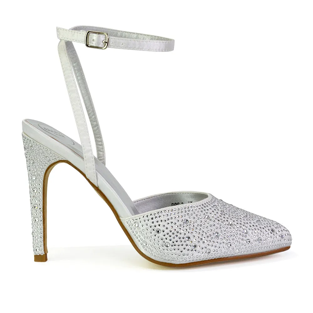 Indyah Diamante Court Shoes Stiletto High Heels Strappy Sandals in Silver