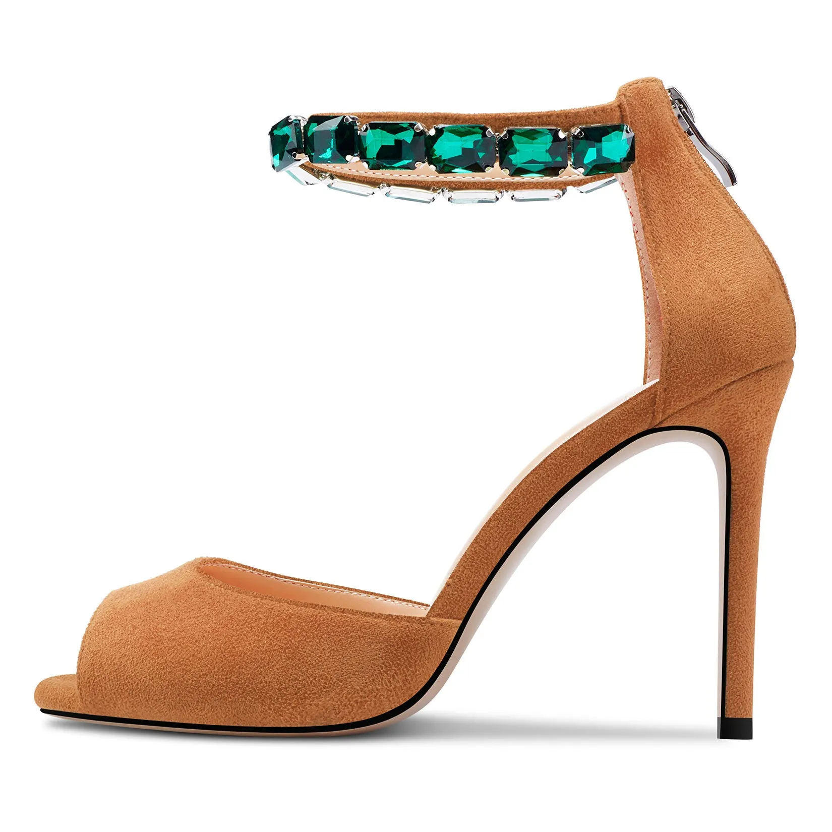 Ladies High Heels Stiletto Pumps Ankle-Strap with Gemstone Peep-toe Sandals Suede 4 Inches Heel