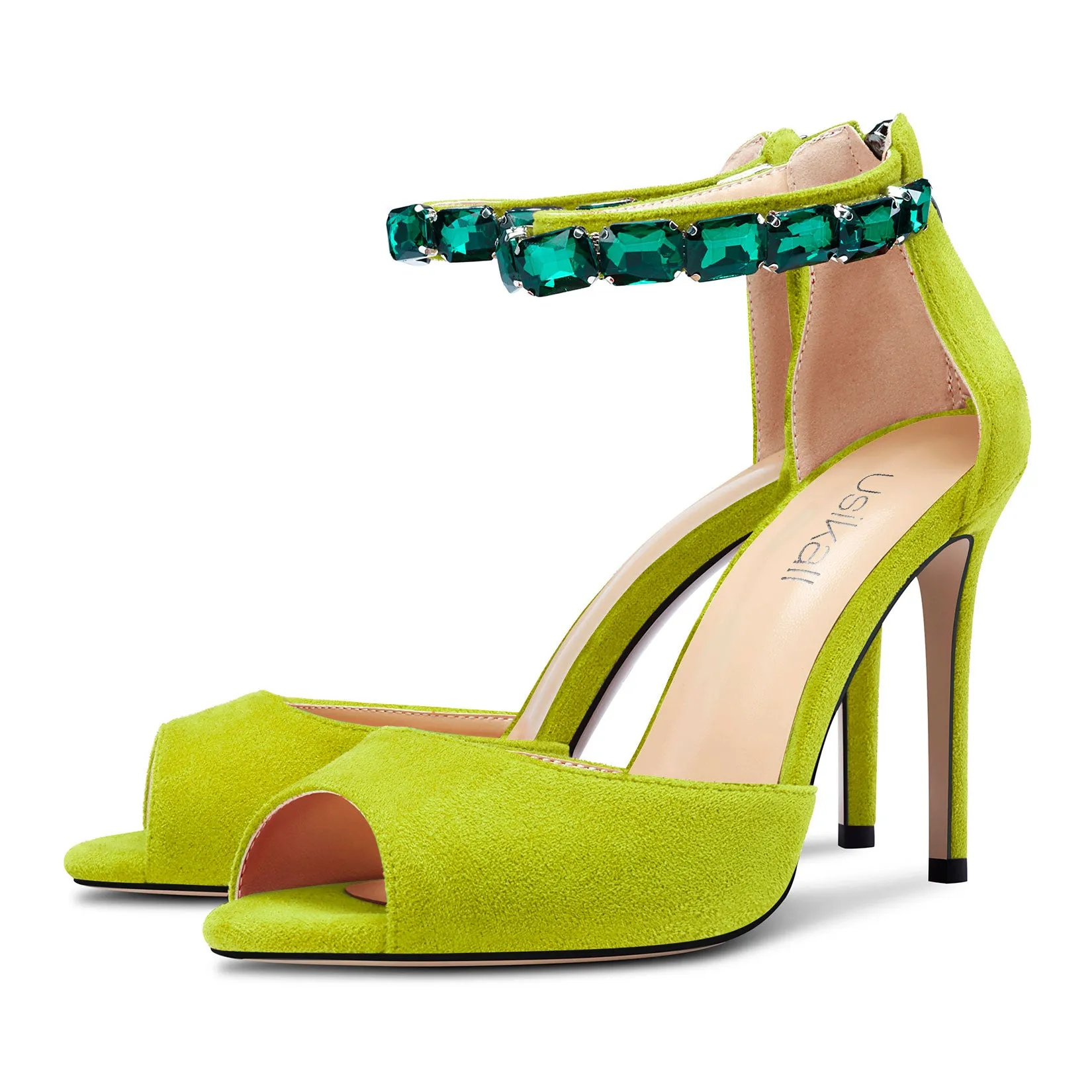 Ladies High Heels Stiletto Pumps Ankle-Strap with Gemstone Peep-toe Sandals Suede 4 Inches Heel