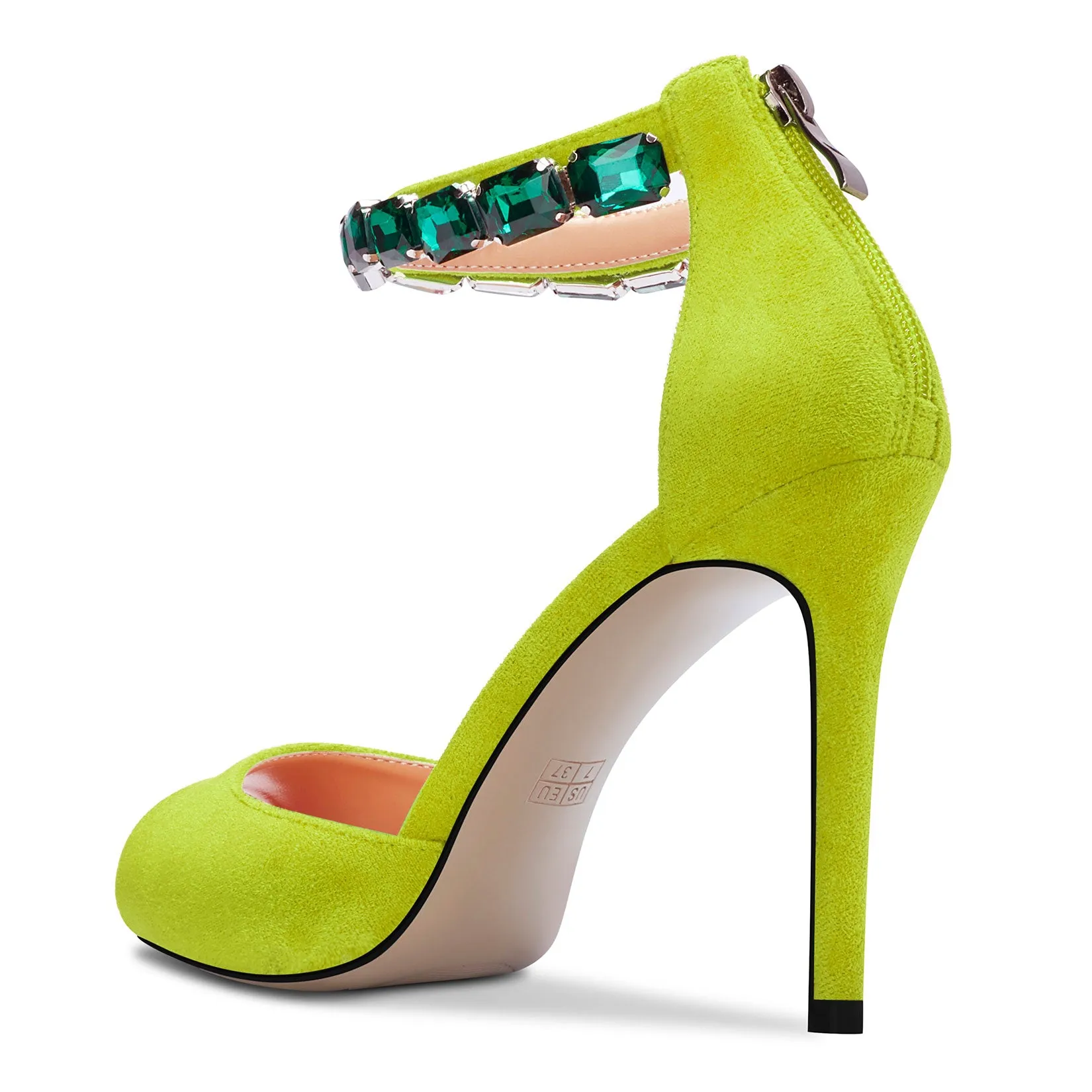 Ladies High Heels Stiletto Pumps Ankle-Strap with Gemstone Peep-toe Sandals Suede 4 Inches Heel