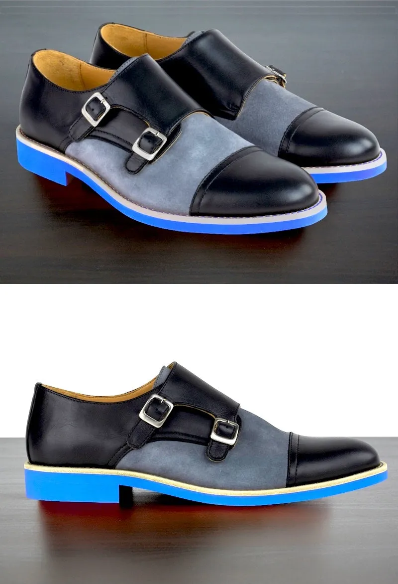 Mens Black & Blue Leather Double Monk Strap Dress Shoes