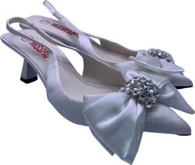 Misspap White Satin Slingback Heeled Shoes with Bow and Jewel Detail UK 4