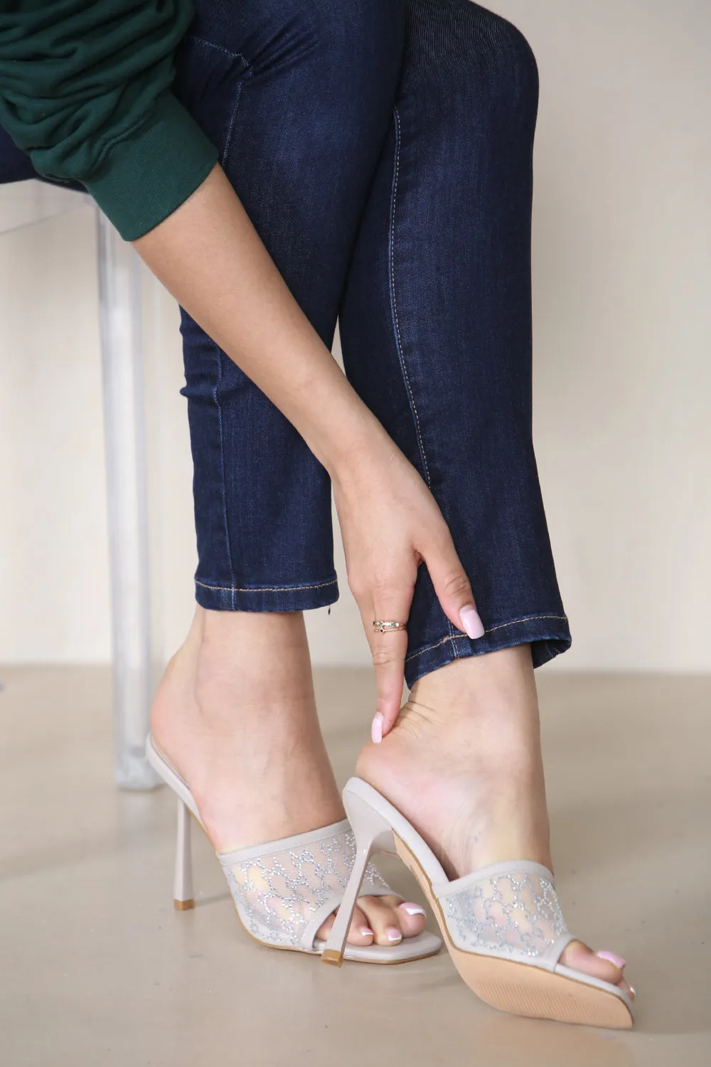 NUDE PU SQUARE TOE MULE HEELS