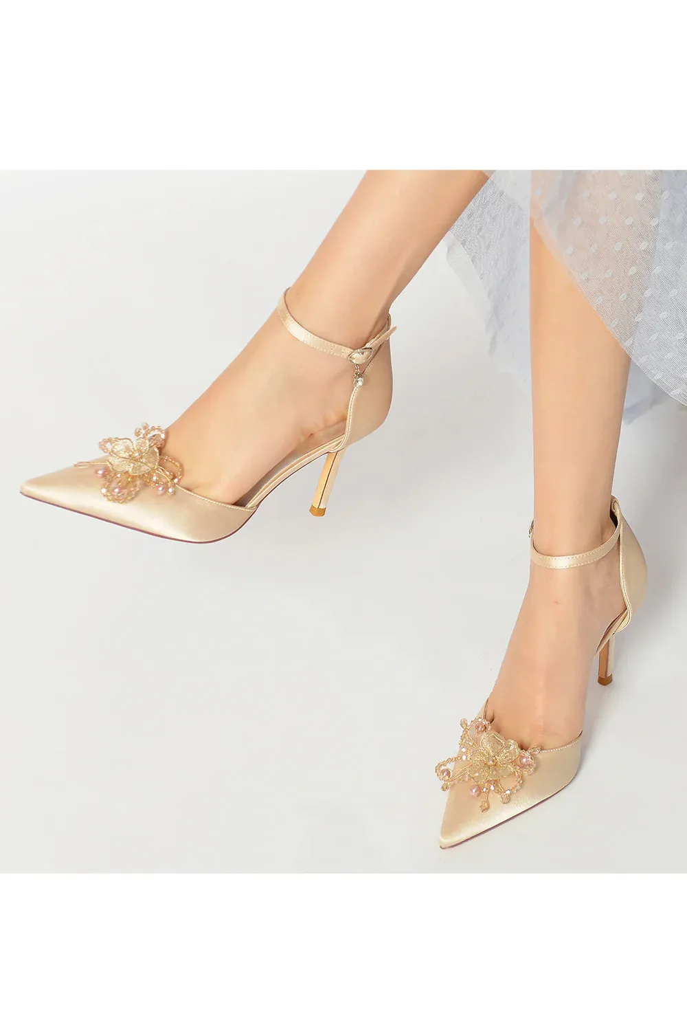 Pointed Toe Crystal Flower Ankle Strap Stiletto Heels