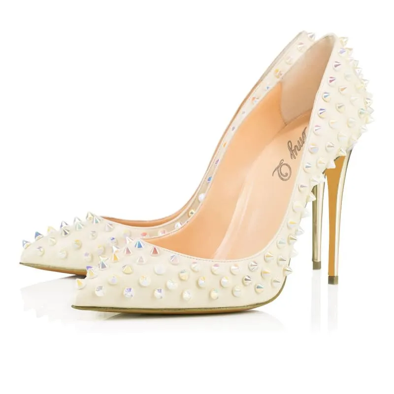 Stunning Spike Rivet Wedding Heels in White with Metallic Accents