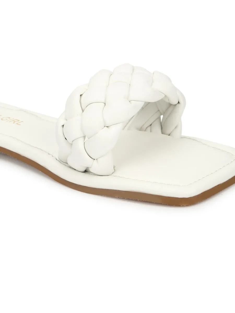 White PU Quilted Strap Slip Ons