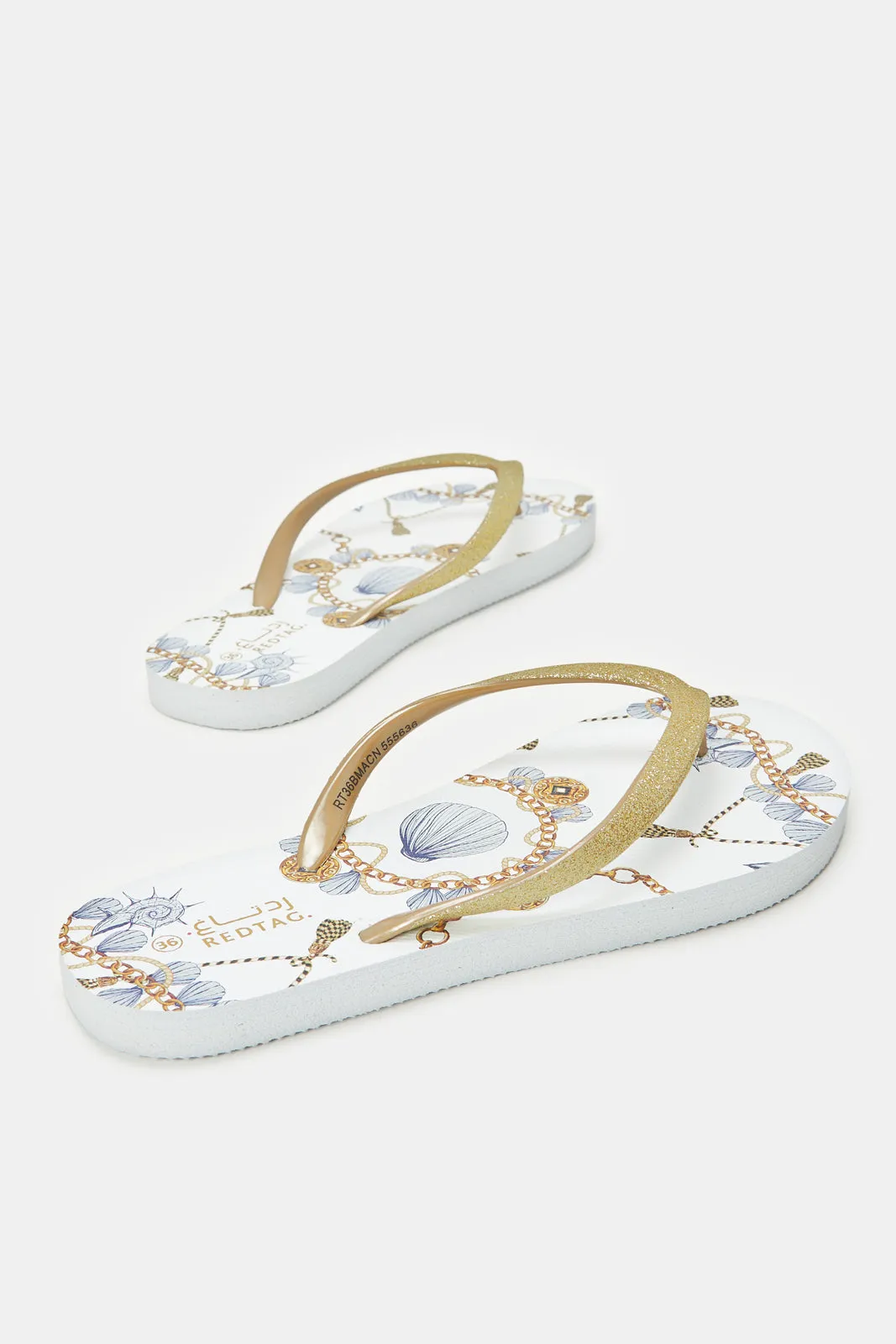 Women White And Gold Printed Flip Flops