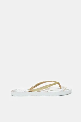 Women White And Gold Printed Flip Flops