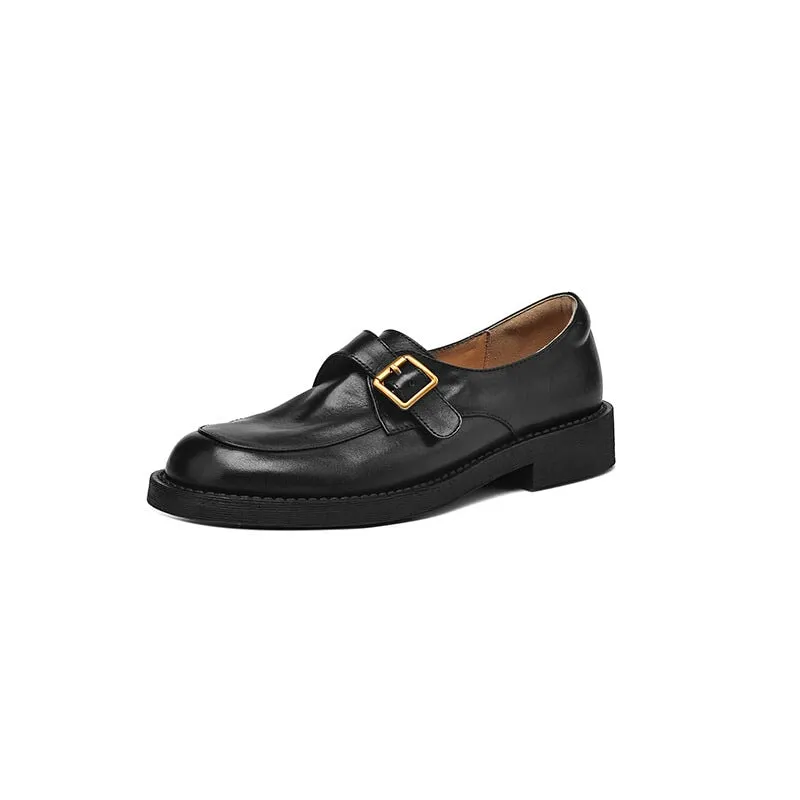 Womens Soft Leather Monk Strap Loafers Preppy Style in Black/Brown