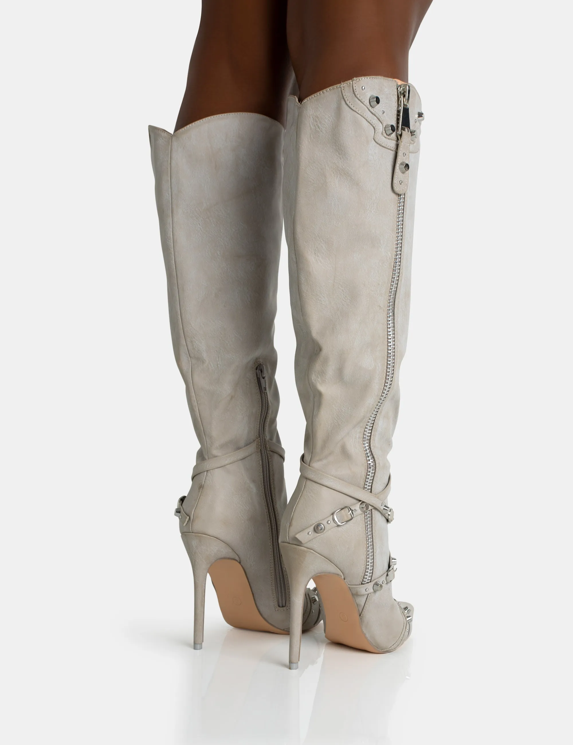 Worthy Aged Pu Studded Zip Detail Pointed Toe Stiletto Knee High Boots