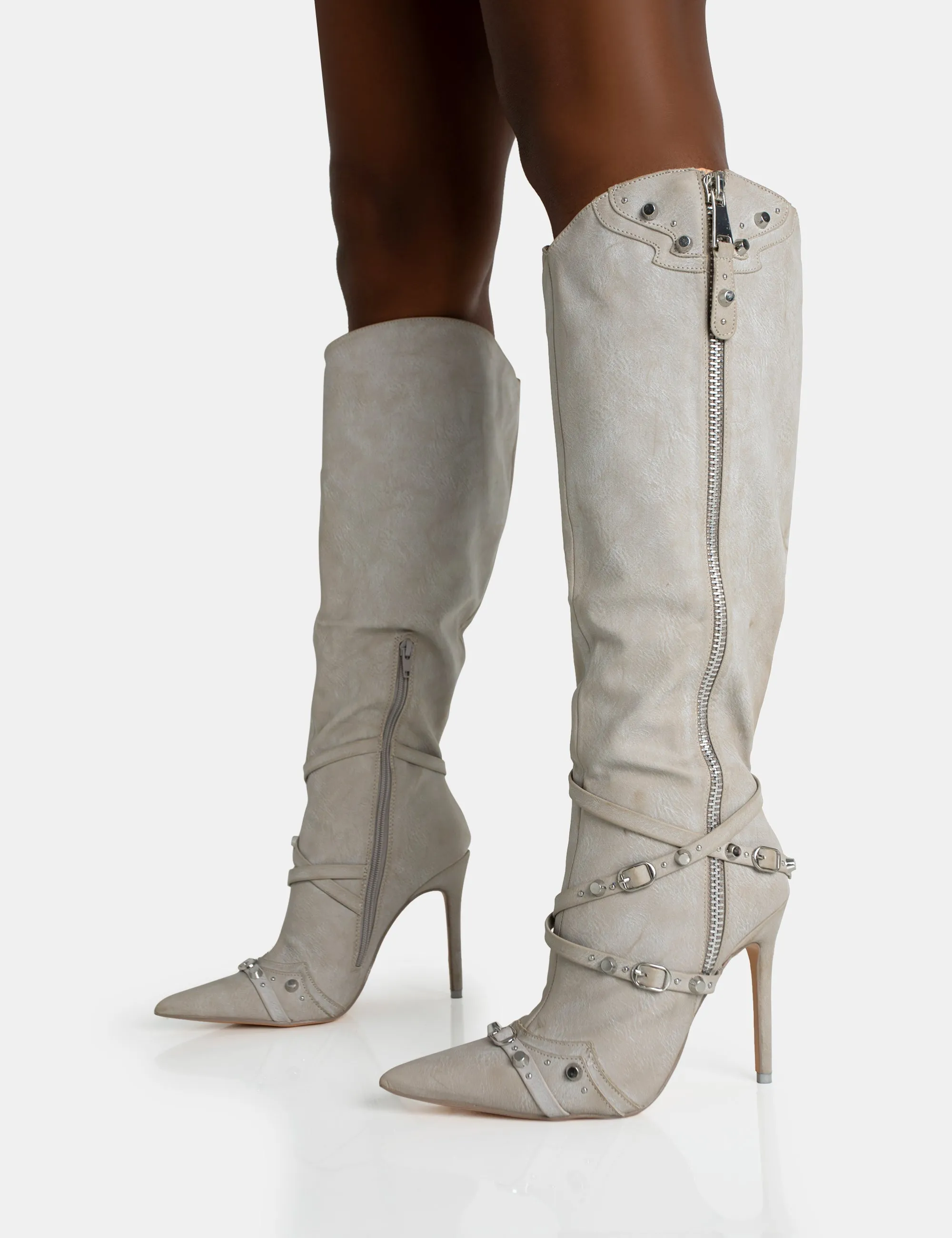 Worthy Aged Pu Studded Zip Detail Pointed Toe Stiletto Knee High Boots