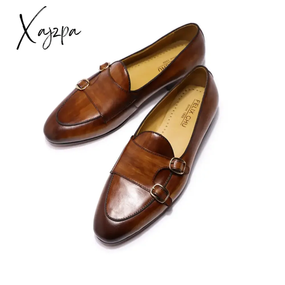 Xajzpa - Summer Autumn Men's Loafers Genuine Leather Hand Painted Monk Strap Men's Dress Shoes Wedding Party Mens Footwear