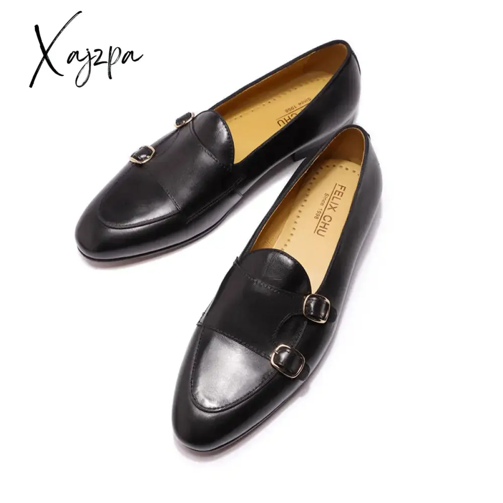 Xajzpa - Summer Autumn Men's Loafers Genuine Leather Hand Painted Monk Strap Men's Dress Shoes Wedding Party Mens Footwear