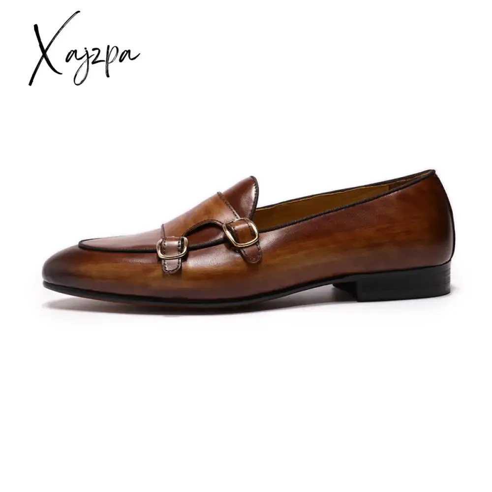 Xajzpa - Summer Autumn Men's Loafers Genuine Leather Hand Painted Monk Strap Men's Dress Shoes Wedding Party Mens Footwear