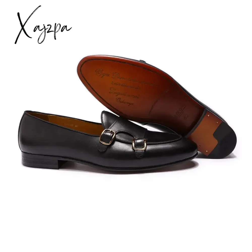 Xajzpa - Summer Autumn Men's Loafers Genuine Leather Hand Painted Monk Strap Men's Dress Shoes Wedding Party Mens Footwear