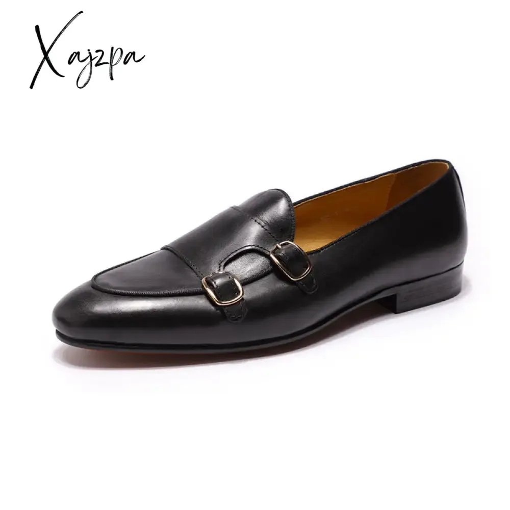 Xajzpa - Summer Autumn Men's Loafers Genuine Leather Hand Painted Monk Strap Men's Dress Shoes Wedding Party Mens Footwear