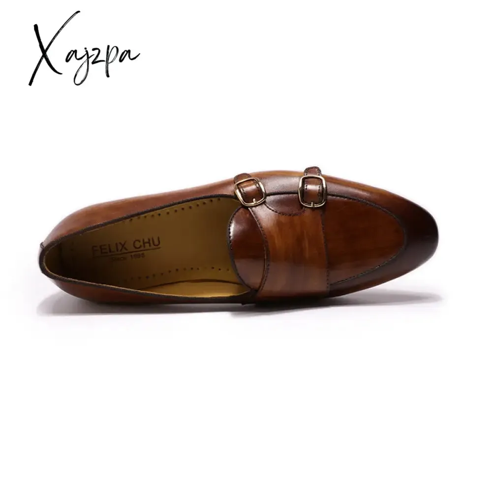 Xajzpa - Summer Autumn Men's Loafers Genuine Leather Hand Painted Monk Strap Men's Dress Shoes Wedding Party Mens Footwear