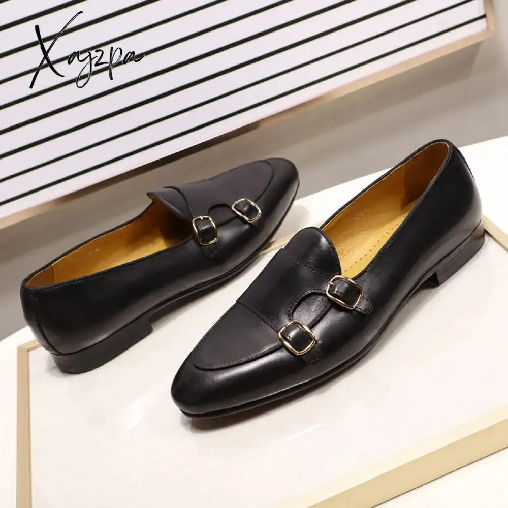 Xajzpa - Summer Autumn Men's Loafers Genuine Leather Hand Painted Monk Strap Men's Dress Shoes Wedding Party Mens Footwear