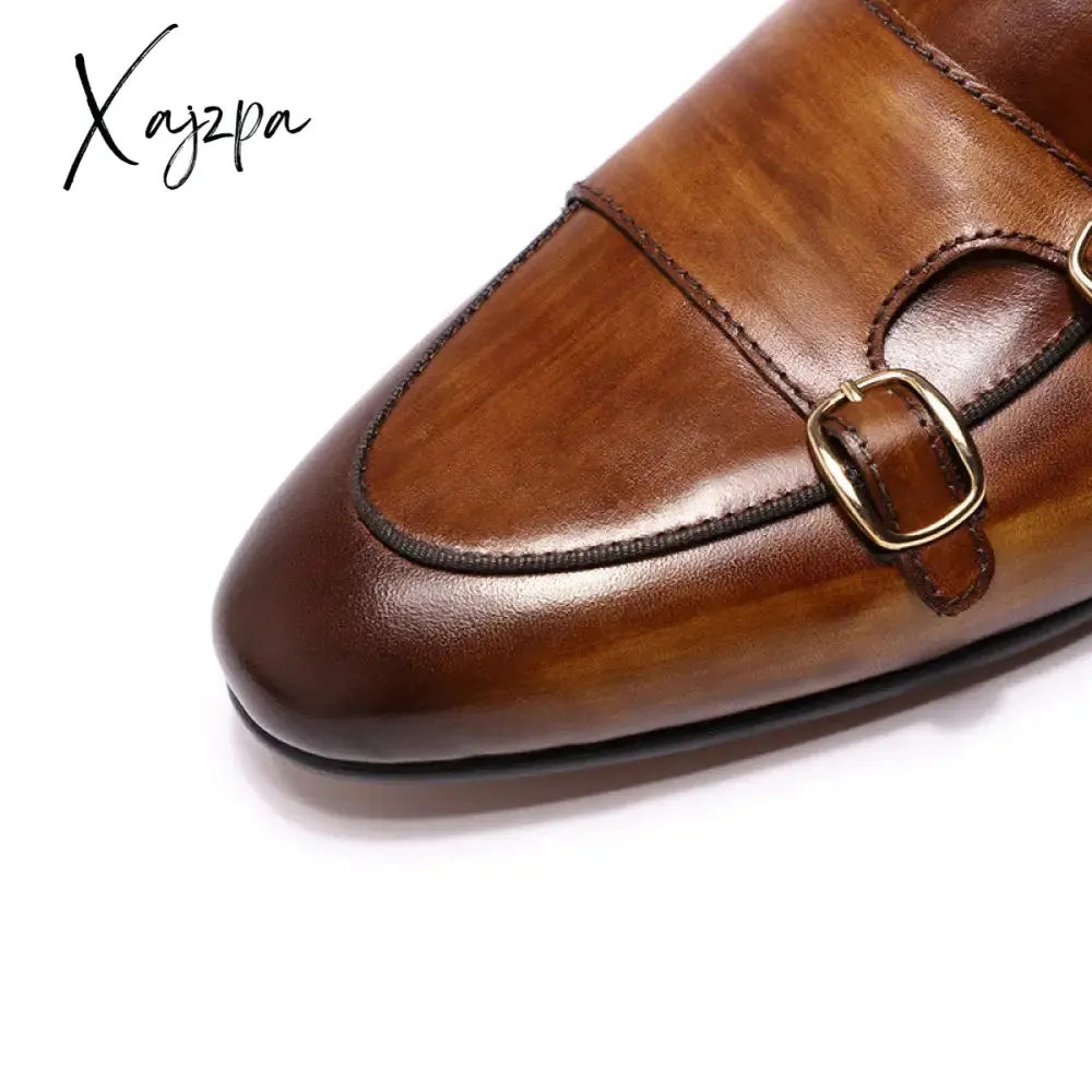 Xajzpa - Summer Autumn Men's Loafers Genuine Leather Hand Painted Monk Strap Men's Dress Shoes Wedding Party Mens Footwear